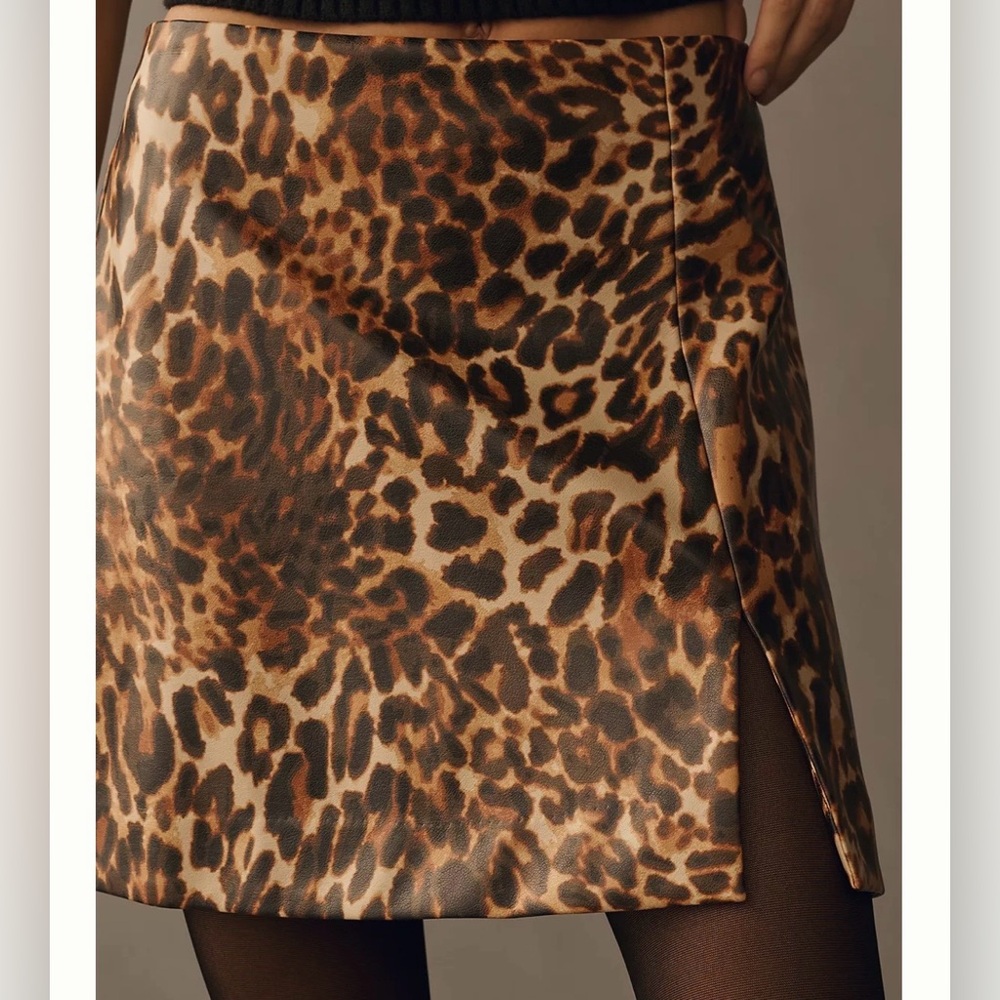 NWT Maeve at Anthropologie Leather Leopard Print Side Slit Micro Mini Skirt